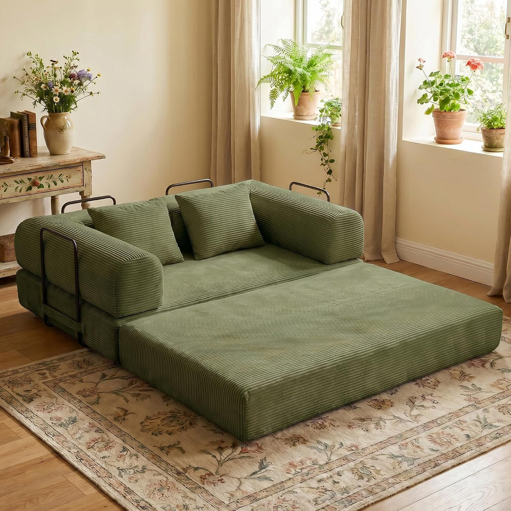 59" Convertible Floor Sofa Bed, Boneless Couches for Living Room, Green | Corduroy Loveseat Sleeper Floor Sofa, Modular Sectional Sofa, Futon Boneless Couch, Pull Out Couch, No Assembly Required