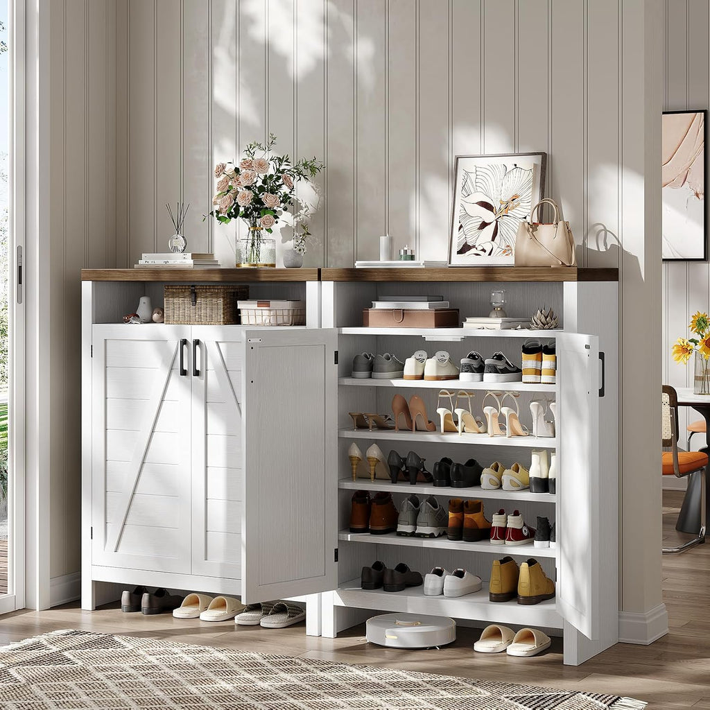 6-Tier Shoe Cabinet with Doors,Farmhouse Shoe Storage Cabinet,White | Narrow Shoe Cabinet with Adjustable Shelves, Large Capacity Wooden Shoe Rack Organizer for Entryway, Hallway, Living Room