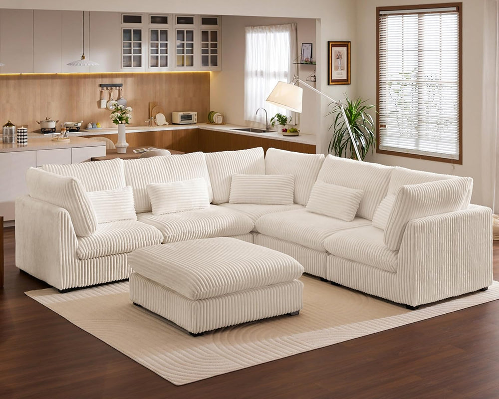 115" Oversize Corduroy Modular Sectional Sofa Couches for Living Room,Wh...