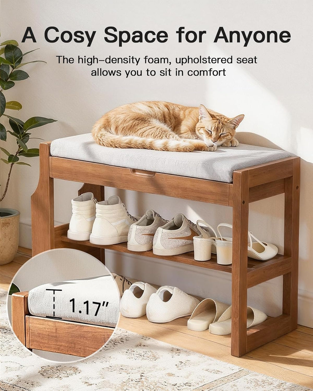 Pipishell 26″ Solid Pine Wood Shoe Rack Bench with Soft Cushion, 2 Tiers Shoe...