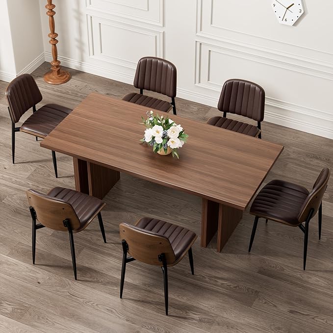 Dining Chairs Set of 2, Mid-Century Modern Upholstered PU Leather Chairs with Walnut Bentwood Back and Metal Legs Adjustable Feet for Kitchen Dining Living Room, Dark Brown Vertical Stripes