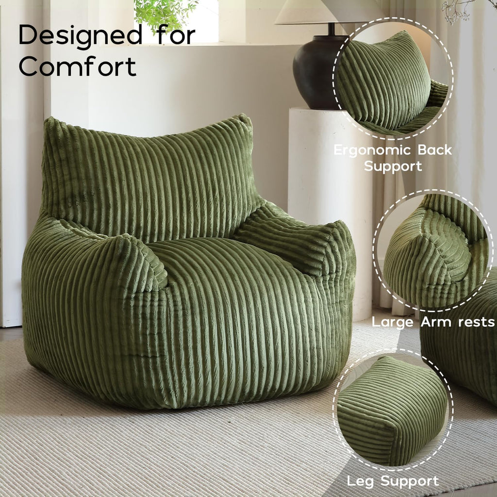 Green Corduroy Bean Bags Chairs for Adults, Big Ultra Soft Beanbag Sofa | 30 lbs Filler Foam| Armrests & Back Support| Vacuum-Compressed| For Reading, Gaming, Bedroom, Living Room, Dorm| For teens