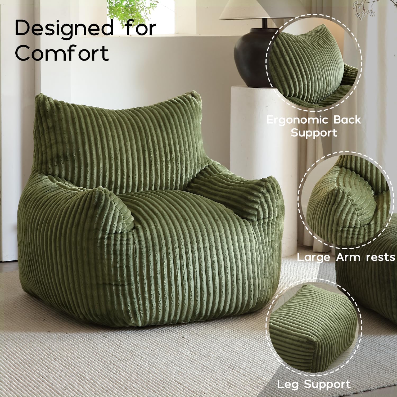 Green Corduroy Bean Bags Chairs for Adults, Big Ultra Soft Beanbag Sofa | 30 lbs Filler Foam| Armrests & Back Support| Vacuum-Compressed| For Reading, Gaming, Bedroom, Living Room, Dorm| For teens