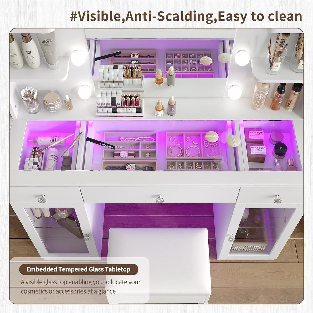 Yanosaku Makeup Vanity Desk with Mirror and Lights, RGB Lighted Vanity Desk w...