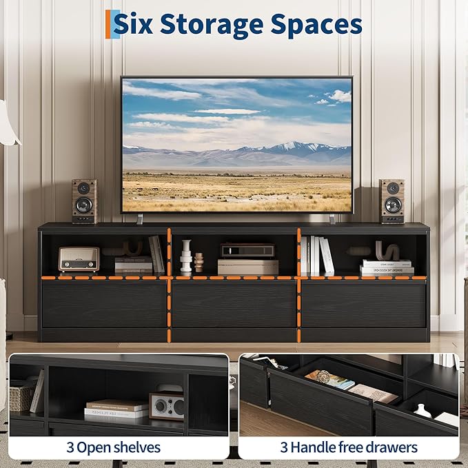 IDEALHOUSE 70 inch TV Stand for 80" TVs, Mid Century Modern Entertainment Center with Storage Drawer & Open Shelves, Wood Media Console Cabinet for Living Room/Bedroom, Black