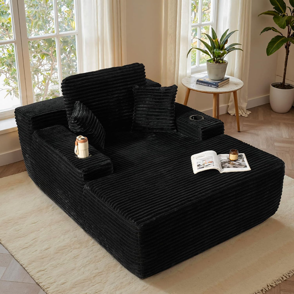 ovios 67'' Chaise Lounge Chair Indoor, Oversized Upholstered Boneless Sofa Bed with Cup Holders, Deep Seat Sleeper Couch, Plush Cloud Sofas Couches for Living Room (Faux Fur, Black)
