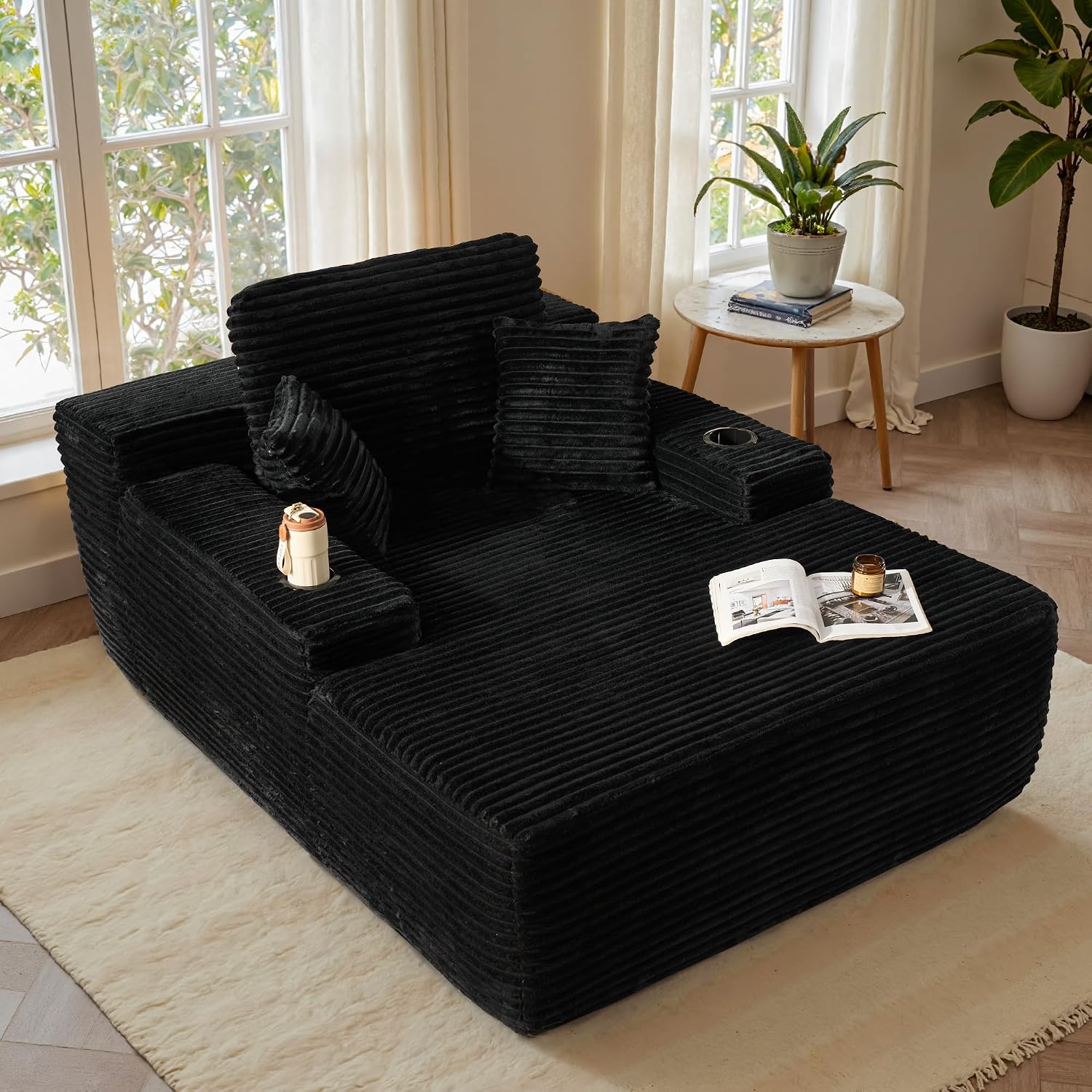 ovios 67'' Chaise Lounge Chair Indoor, Oversized Upholstered Boneless Sofa Bed with Cup Holders, Deep Seat Sleeper Couch, Plush Cloud Sofas Couches for Living Room (Faux Fur, Black)