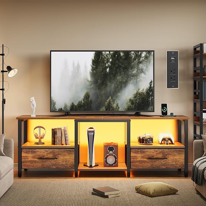 TV Stand for 65 Inch TV, LED Entertainment Center with Fabric Drawers and Power Outlets, Modern Industrial TV Media Console for Living Room, Bedroom Storage Cabinet - 59'' Rustic Brown