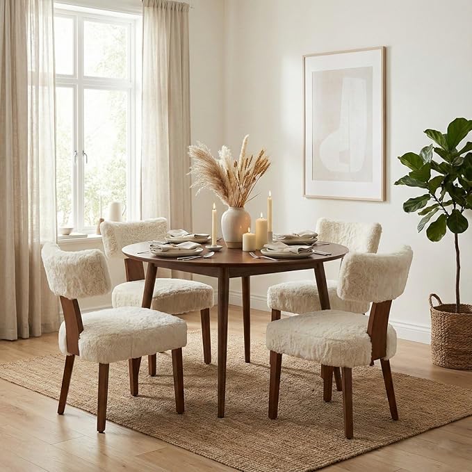 Modern Faux Fur Upholstered Dining Chairs Set of 4, Cream White Accent Side Chairs with Solid Wood Legs, Ergonomic Kitchen Chairs for Dining Room(Plush, Set of 4)