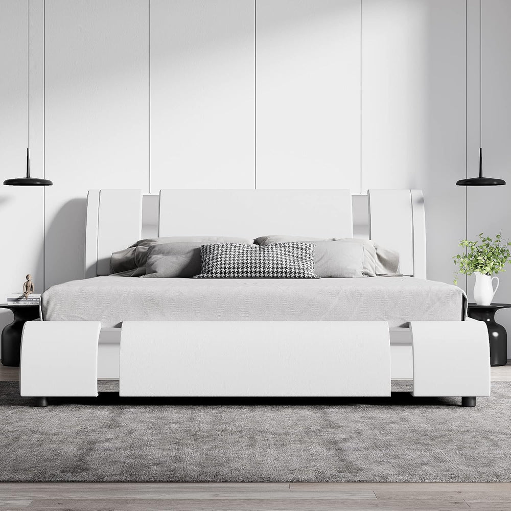 SHA CERLIN King Bed Frame with Iron Pieces Decor, Faux Leather, White