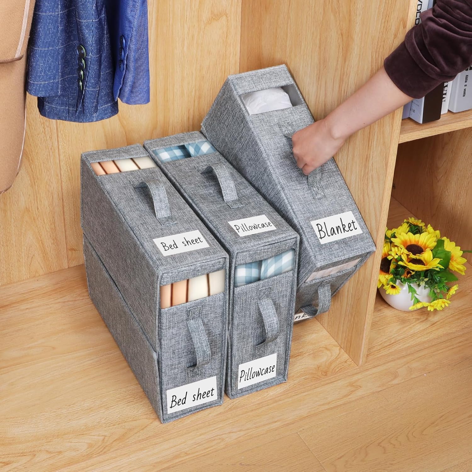 KEEGH Bed Sheet Organizers and Storage, 4 Pack Linen Closet Organizer for Bedding, Sheets Set Folder Organizer with Window& Zipper, Bedding Storage Organizer for Bedsheets, Duvet Cover - Light Grey