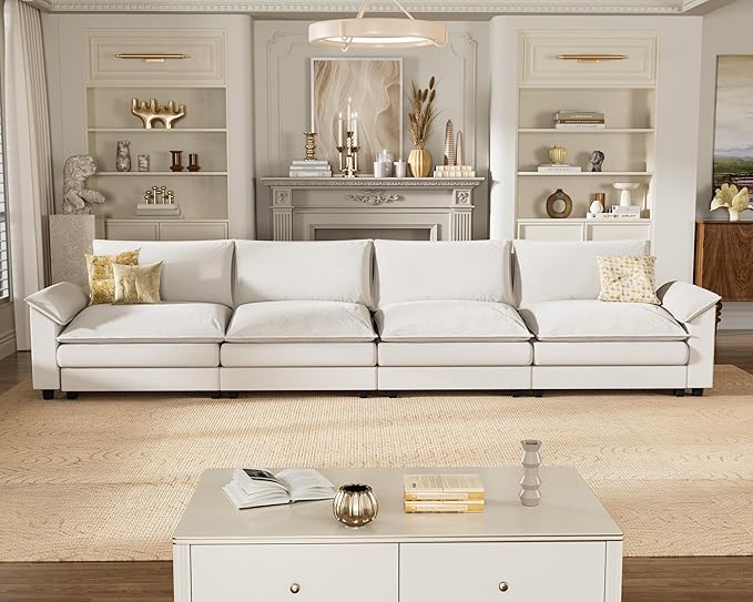 Homall 159" Modular Sectional Sofa, Linear Sofa Couch with Double-Layer Cushion, DIY Combination Chenille Deep 4-Seat Cloud Couch for Living Room, Apartment (White, Linear Sofa)