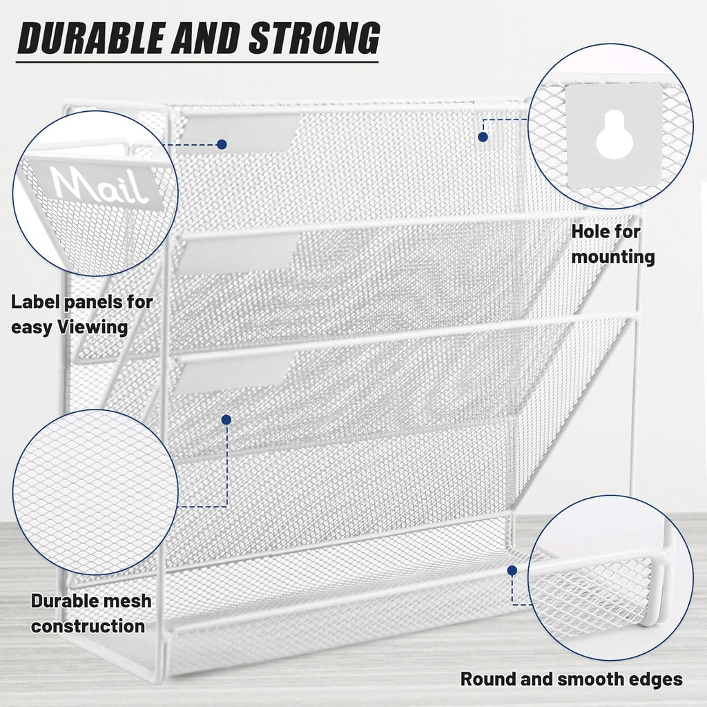EASEPRES Desk File Organizer Mesh 4-Tier, Hanging Wall Mount Document Organization Stand, Desktop Vertical Mail Paper Folder Holder Rack with Bottom Tray for Office Home Cubicle Countertop, White