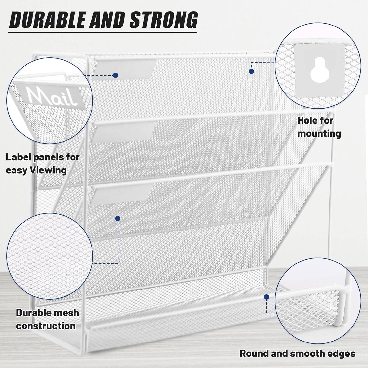 EASEPRES Desk File Organizer Mesh 4-Tier, Hanging Wall Mount Document Organization Stand, Desktop Vertical Mail Paper Folder Holder Rack with Bottom Tray for Office Home Cubicle Countertop, White