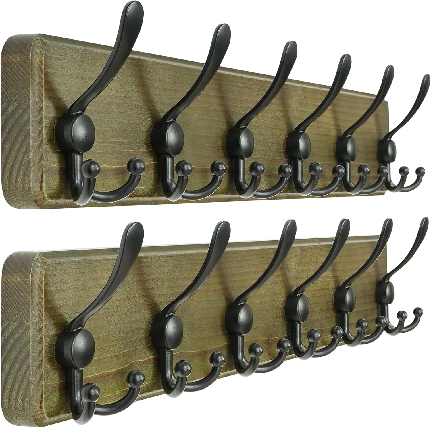Dseap Coat Rack Wall Mounted - 24" Long 6 Tri Hooks, Heavy Duty Wooden Wall Coat Hanger Coat Hook for Clothes Hat Jacket Clothing, Weathered Green and Black, Pack of 2