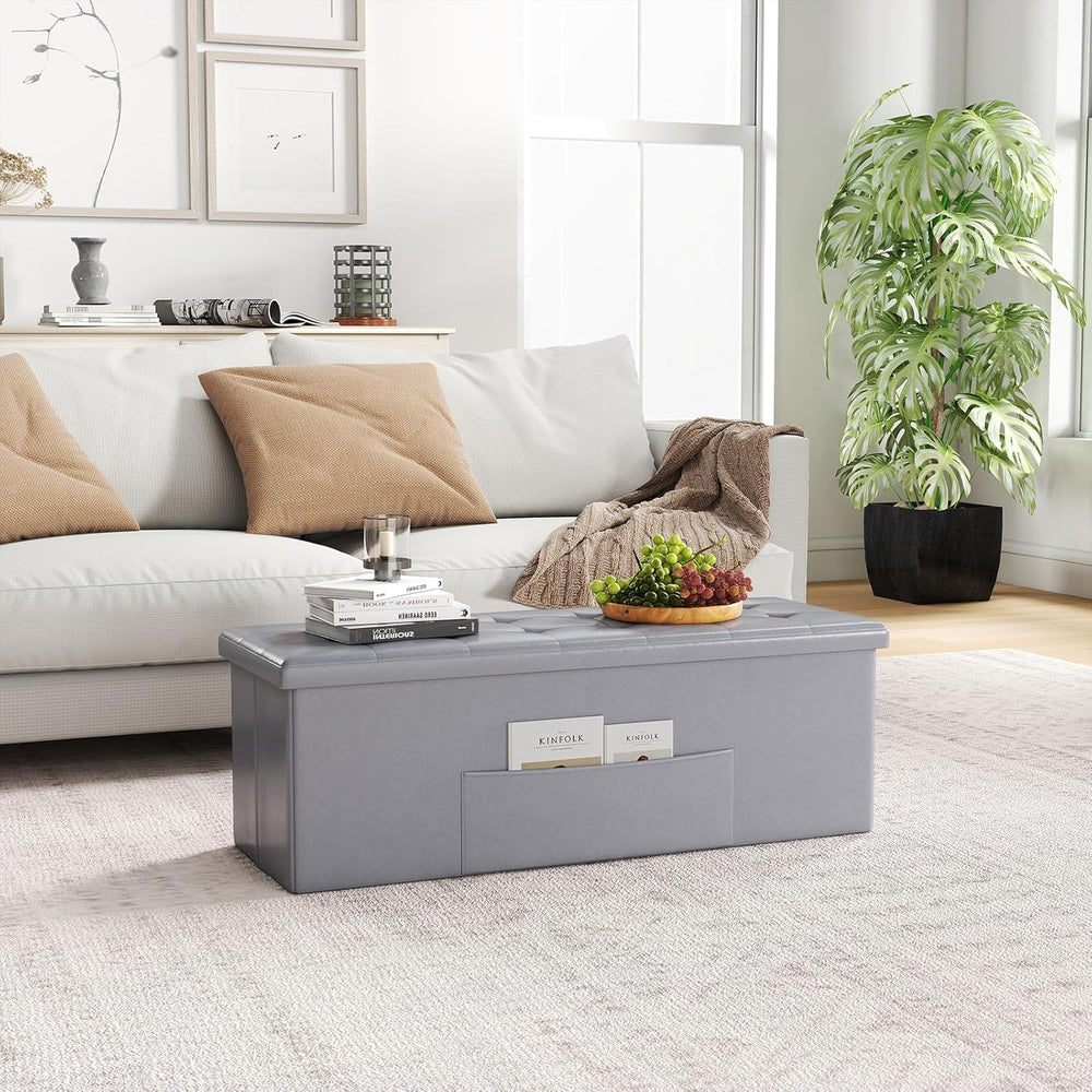 Giantex 43 Inches Folding Storage Ottoman Bench, Upholstered PU Leather Stora...