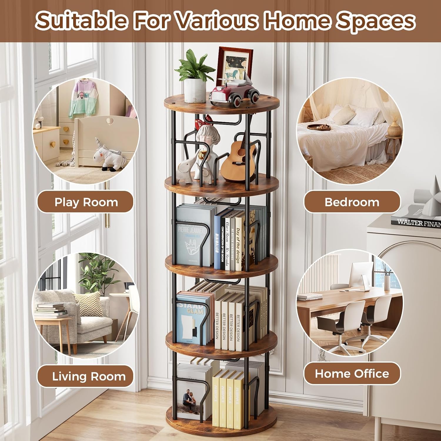 4 Tier Rotating Bookshelf Tower, 360° Display Round Bookcase, Floor Standing Corner Revolving Bookshelf Organizer Storage Rack for Small Spaces, Home Study Office, Black&Brown