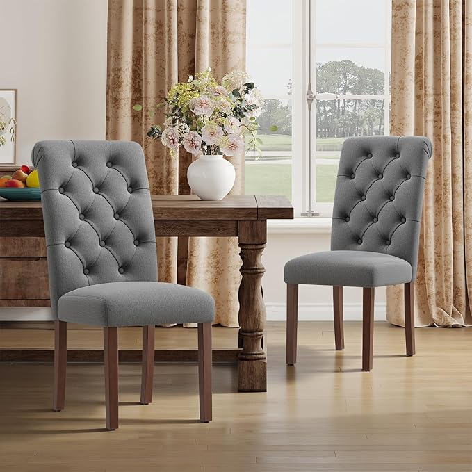 Upholstered Tufted Dining Room Chairs Set of 2, Parsons Kitchen Chairs with Padded Seat and Solid Wood Legs, Fabric Accent Side Diner Chair for Dining Room/Kitchen/Living Room, Grey