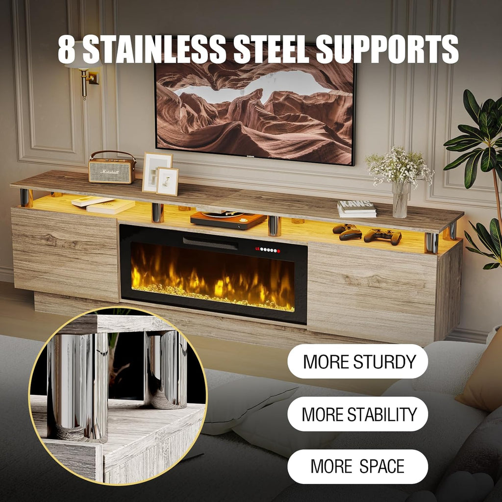 PRETZI 80" Modern Fireplace TV Stand with 36" Electric Fireplace for TVs Up to 90 inch, Luxury LED Light Entertainment Center with High Gloss Cabinet (Grey + Silver Post, 80 inches)