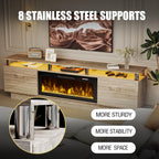 PRETZI 80" Modern Fireplace TV Stand with 36" Electric Fireplace for TVs Up to 90 inch, Luxury LED Light Entertainment Center with High Gloss Cabinet (Grey + Silver Post, 80 inches)