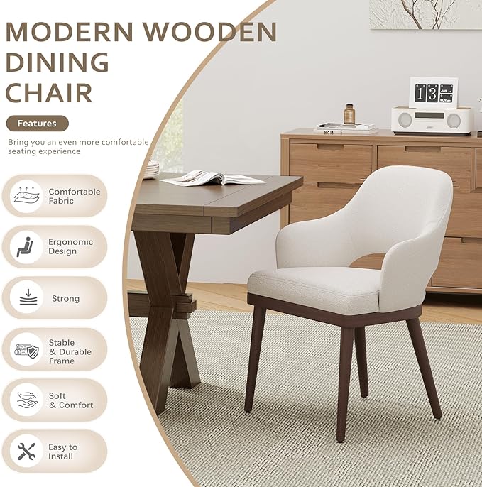 Wooden Dining Chairs Set of 6, Modern Fabric Upholstered Dining Room Chair, Kitchen Side Chairs, Farmhouse Dinner Chair with Open Back for Kitchen, Beige