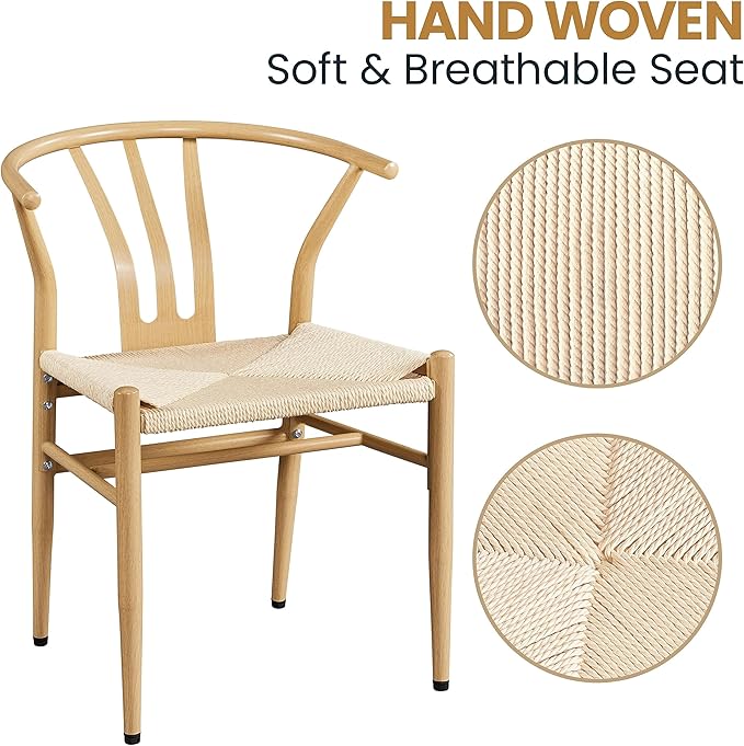 Yaheetech Weave Dining Chairs Set of 6 Mid-Century Modern Dining Room Chairs with Weave Hemp Seat and Metal Legs for Kitchen, Living Room, Restaurant, Wood Color