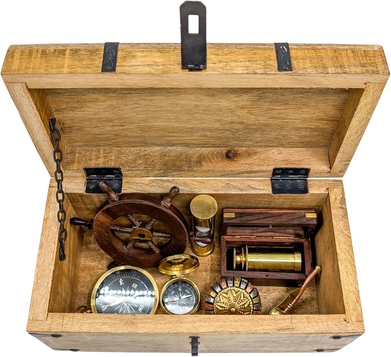 Handmade Pirate Treasure Chest - Wooden Storage Box with Iron Lock & Skeleton Key - Rustic Decorative Jewelry, Toy, Geocache, or Keepsake Chest (Large 12.25 x 6.25 x 6)