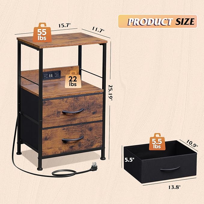 WLIVE Night Stand Set of 2 with Charging Station, LED Nightstand Sets with 2 Fabric Drawers and Storage Shelf, Small Bedside Tables for Small Spaces, Dresser for Bedroom, Rustic Brown