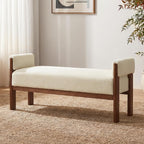VKNOW 51.8”End of Bed Bench Upholstered Bedroom Bench with Arms, Beige | Solid Rubberwood Legs, Soft Fabric, Thickened seat cushion, Bedroom Living Room Entryway Dressing Areas, Easy to Assemble