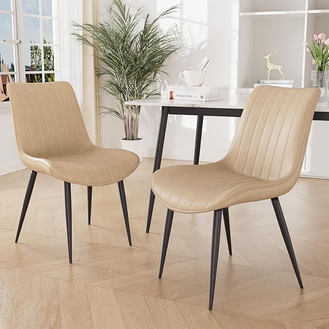 Dining Chairs Set of 2, Leather Modern Kitchen & Dining Room Chairs, Comfortable Upholstered Kitchen Chairs with Metal Legs Armless Side Chairs for Living Room Bedroom Restaurant Cafe, Khaki
