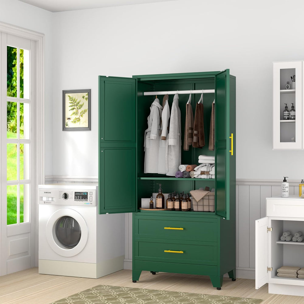 Metal Armoire Wardrobe Closet Cabinet with Hanging Rod, 2 Drawers