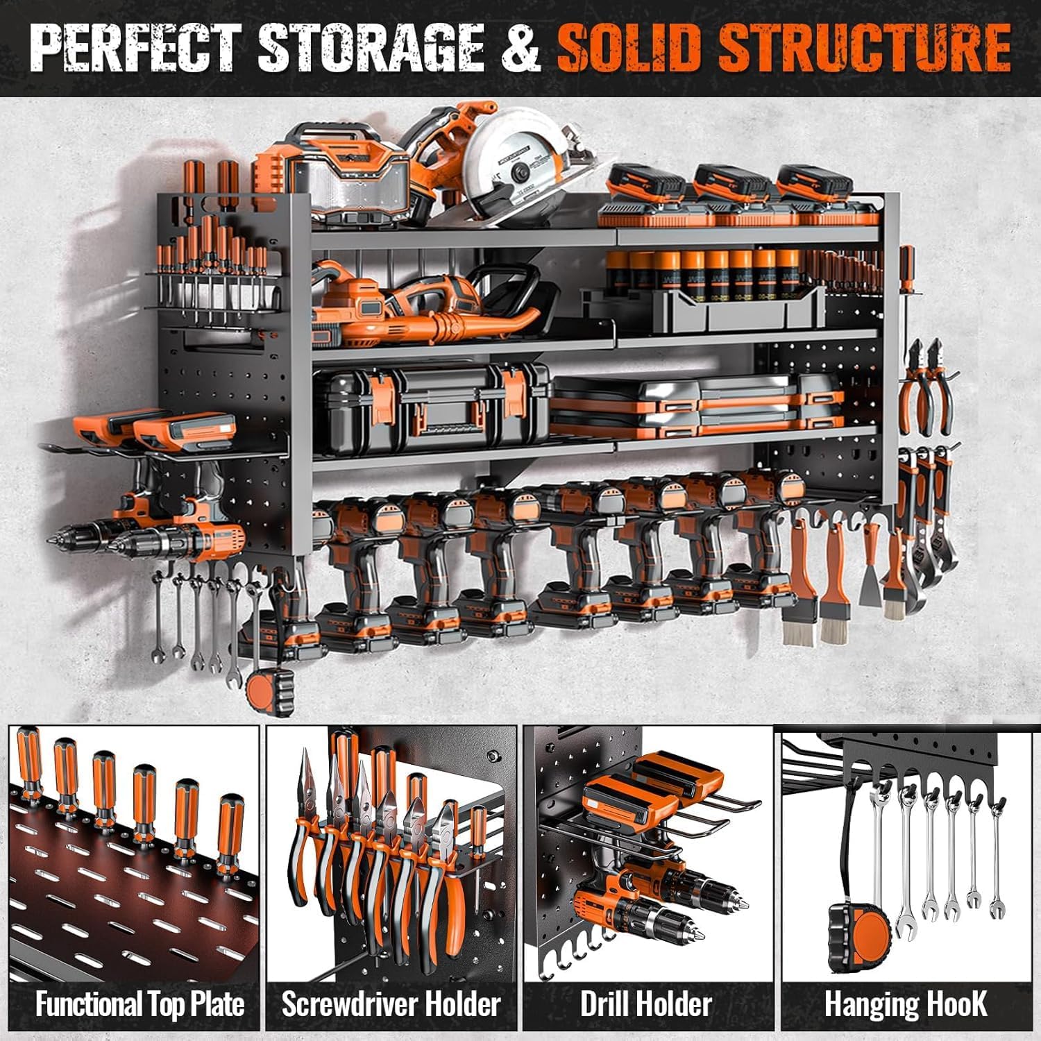 33" W Power Tool Organizer Wall Mount,4-Layer Heavy Duty Tool Storage with 10 Cordless Drill Holder,300 lb Capacity Garage Organization for Garage and Workshop,Black