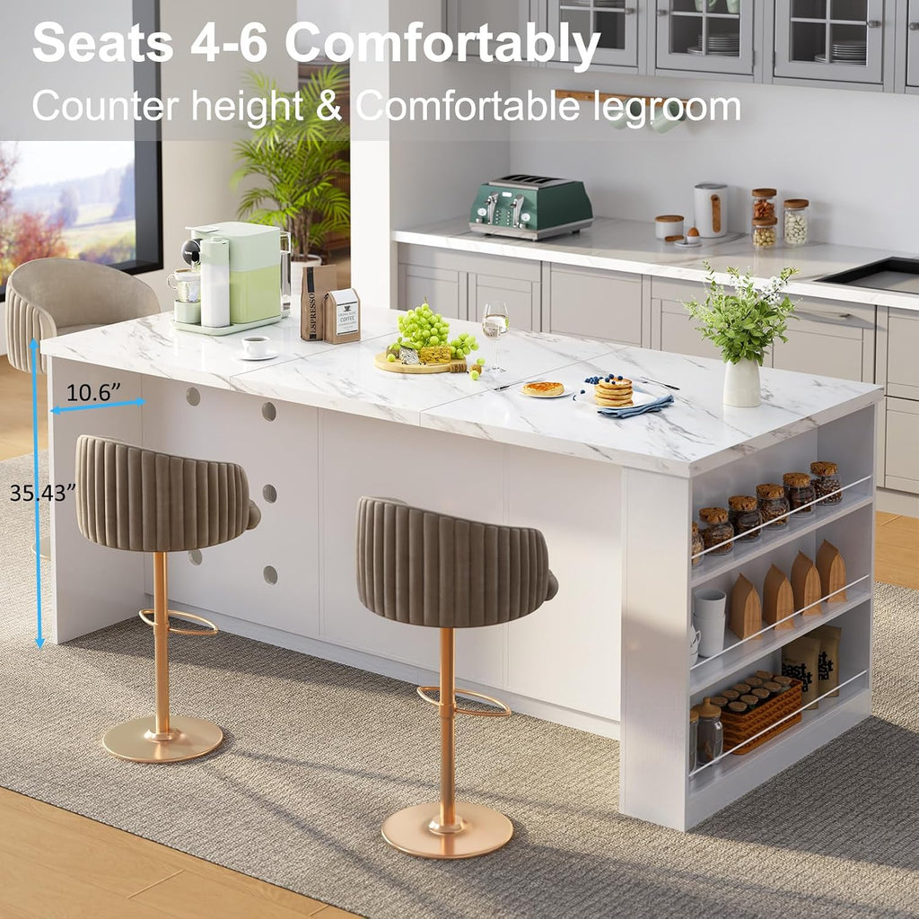 IBF 71" Modern Large Kitchen Island with Storage, White Faux Marble & White | Wood Island Table with Seating for 4, Stationary Island Cabinet with Drawers & Fridge Space, Counter Height Island Bar