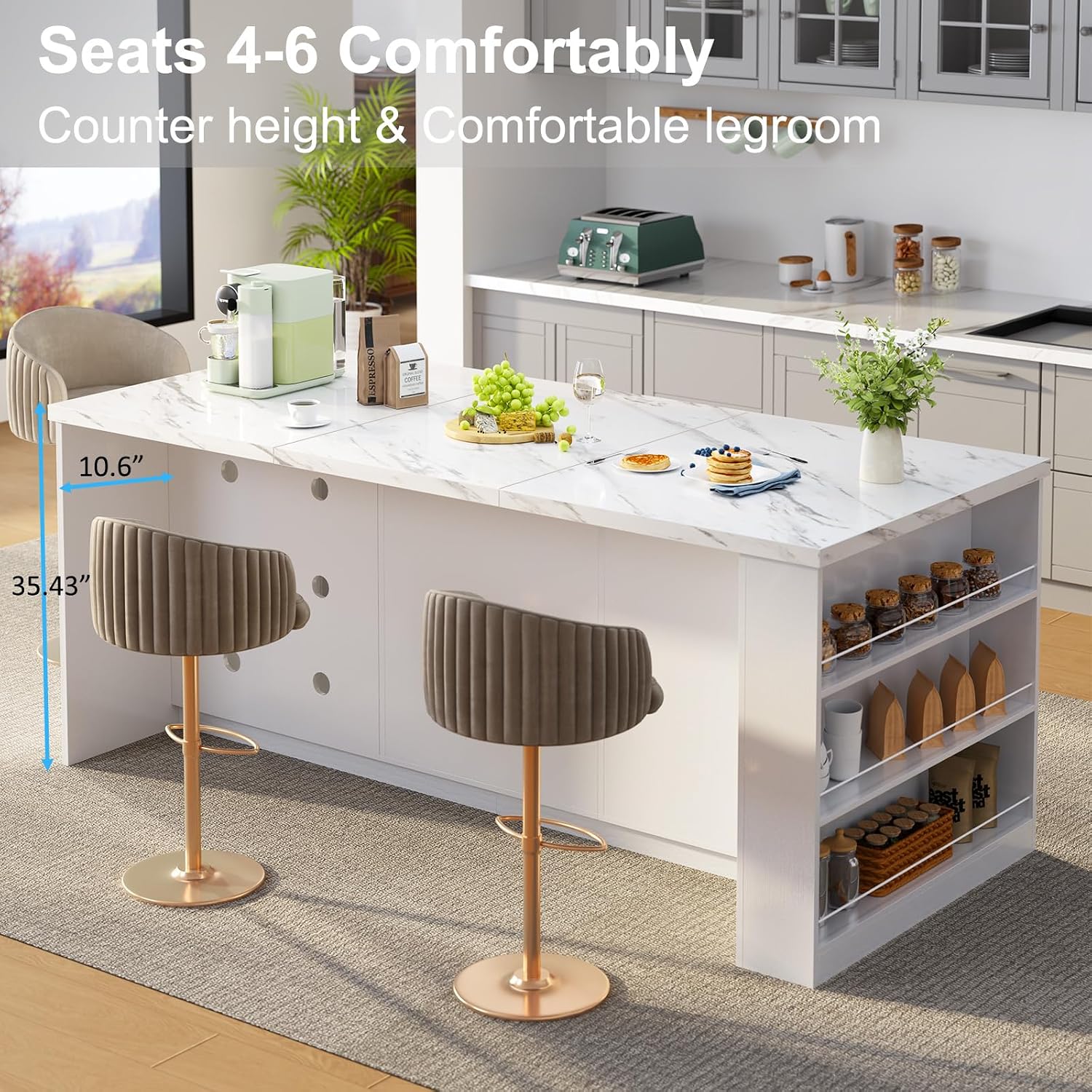 IBF 71" Modern Large Kitchen Island with Storage, White Faux Marble & White | Wood Island Table with Seating for 4, Stationary Island Cabinet with Drawers & Fridge Space, Counter Height Island Bar