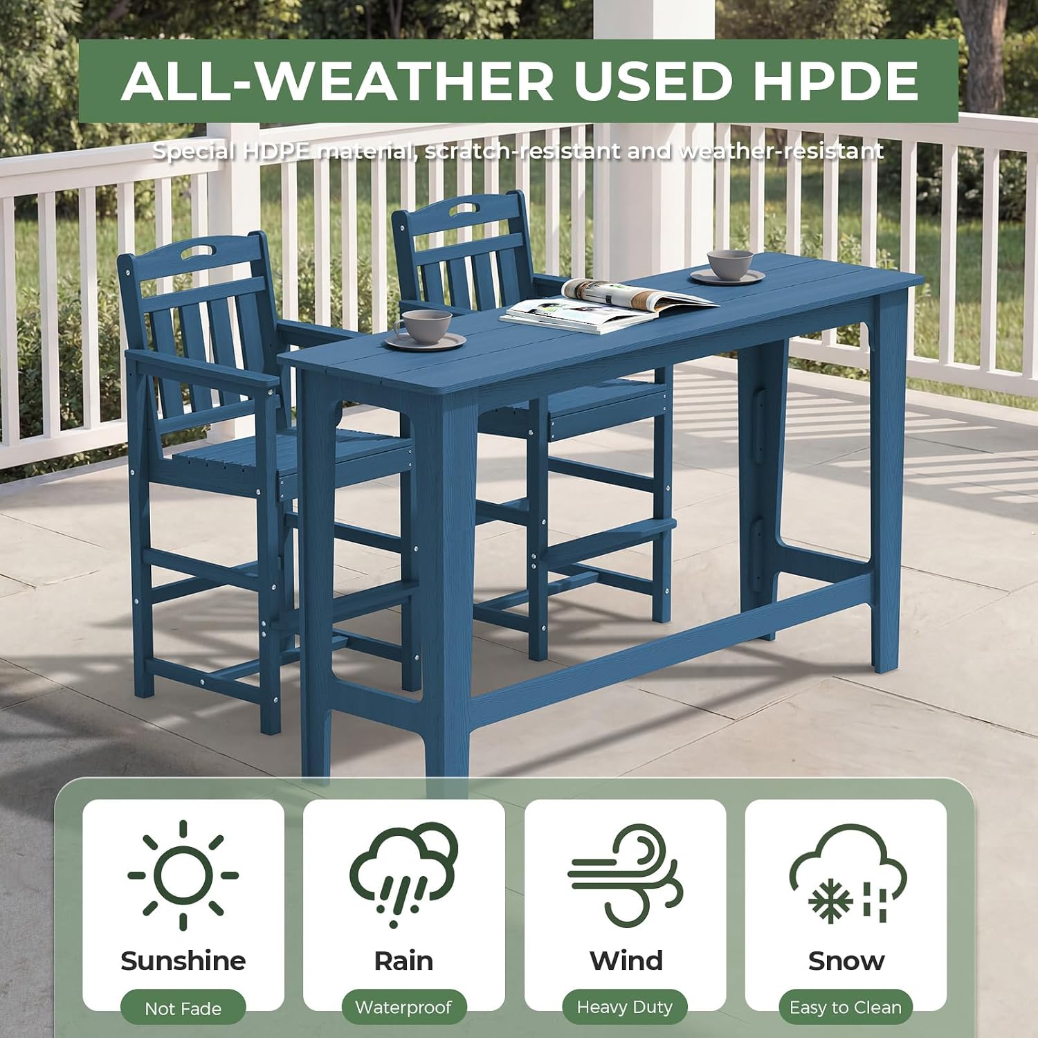Outdoor Patio Bar Height Table and Tall Adirondack Chairs Set of 2, All-Weather HDPE High Top Long Rectangle Pub Furniture for Outside Balcony Bistro Backyard Pool Deck | 3-Pieces, Navy Blue