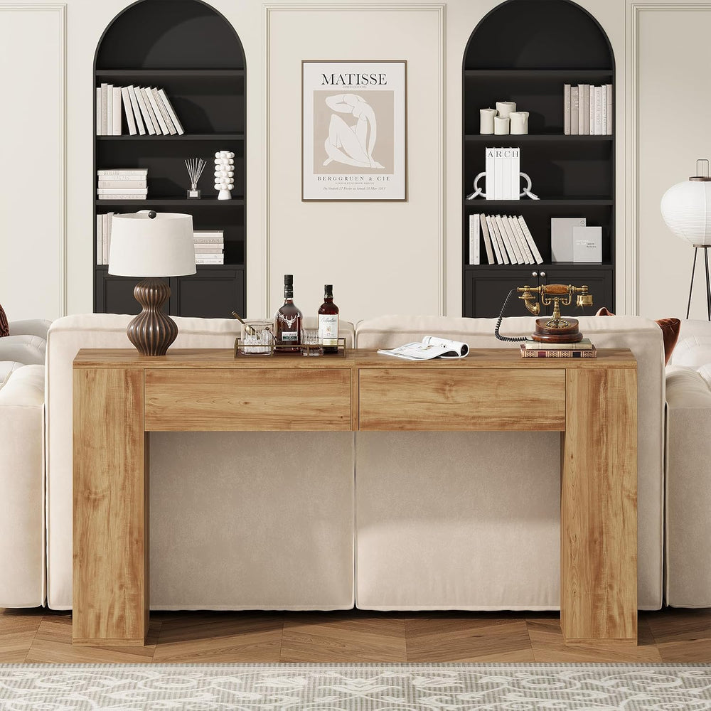 Farmhouse Console Table with LED Light and 2 Drawers, Natural Oak | 55 inch L...