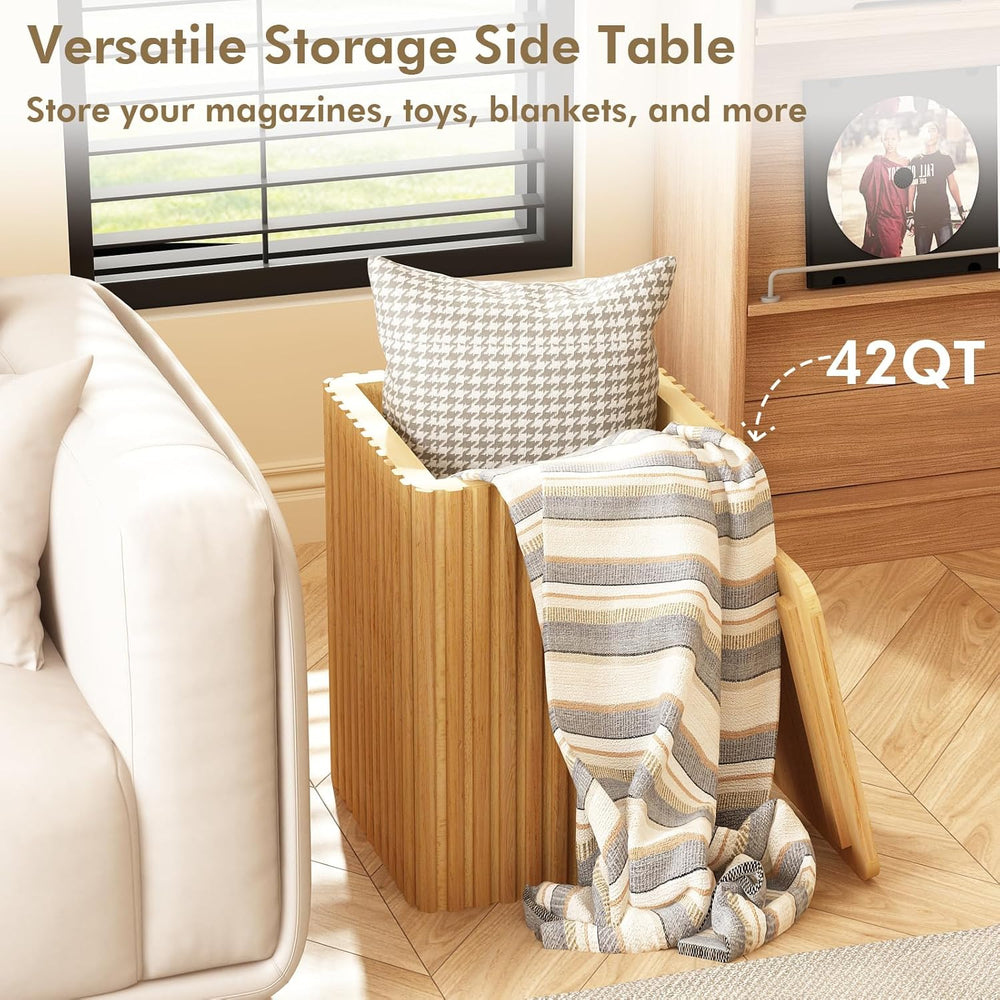 HOKYHOKY Fluted Side Table with Storage – Small Square End Table with Solid W...