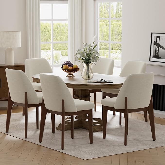VKNOW Wooden Dining Chairs Set of 6, Upholstered Dining Room Chairs with Rubberwood Legs and Padded Seats, Kitchen Chairs for Restaurant Kitchen Living Room, Beige