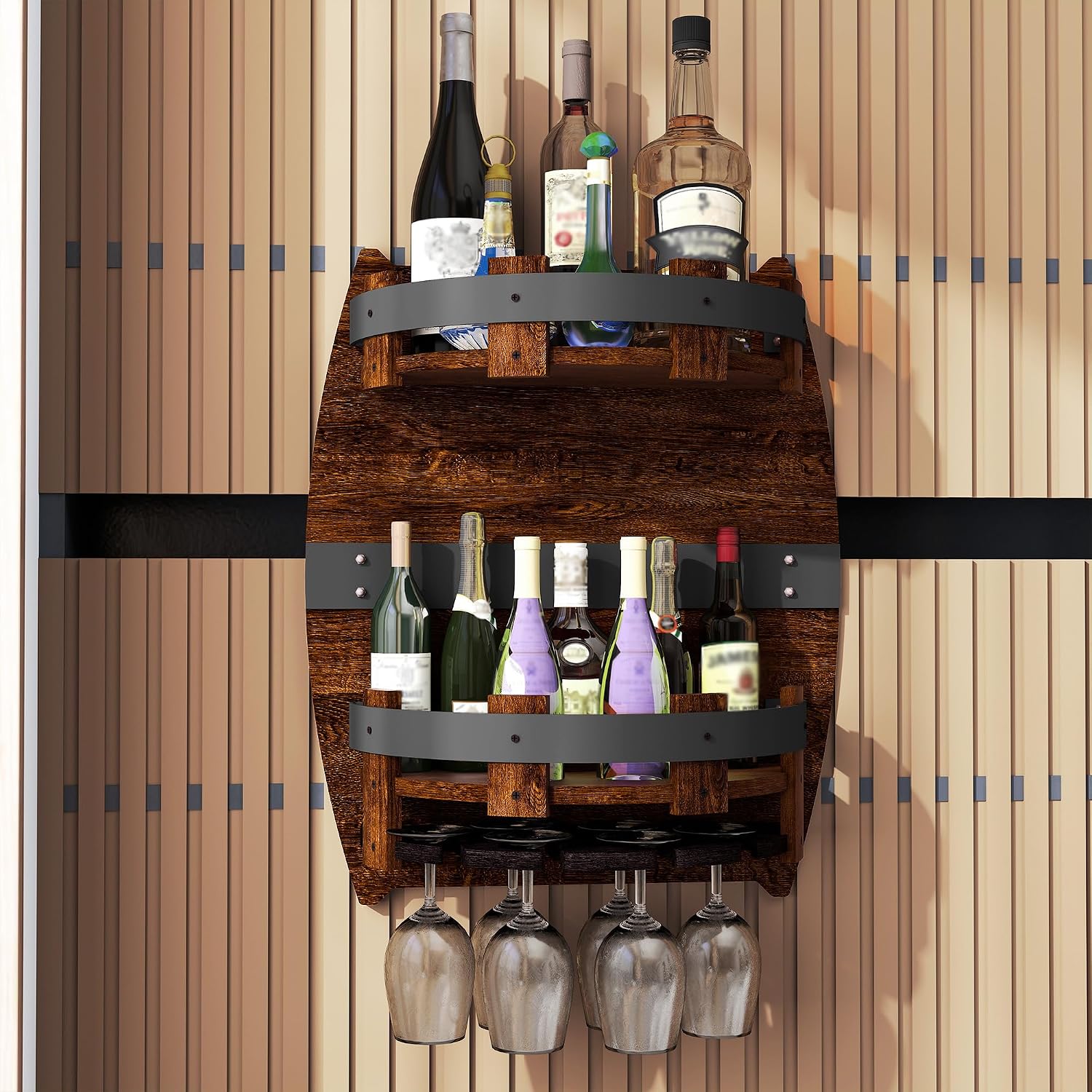 Whiskey Barrel Shelf Wall Mounted, Vintage Wine Rack With Glass Holder | Wooden Handmade Bourbon Shelf, Bar Liquor Bottle Holder, Gift For Wine Lover, Drinks Cabinet Rack for Whiskey, Beer