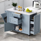 Merax 50.7" Kitchen Island with Storage Tilt Trash Can Cabinet and Pull Out Cabinet Organizer, Rolling Kitchen Island on 5 Wheels with Drop Leaf, 2 Drawers, 1Door for Dining Room, Grey+Blue