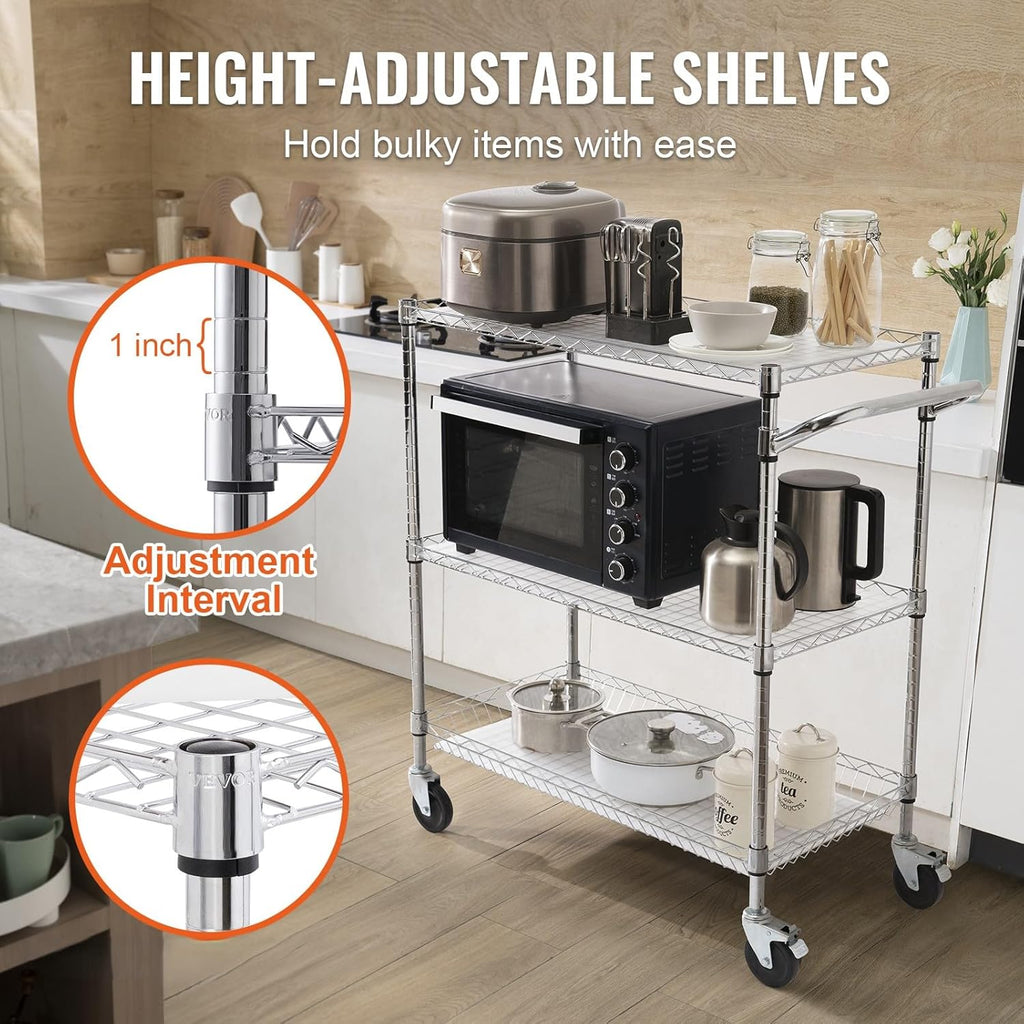 VEVOR Kitchen Utility Cart, 3 Tiers, Wire Rolling Table with 661 LBS Capacity, Steel Service Desk on Wheels, Metal Storage Trolley with 80 mm Deep Basket Curved Handle PP Liner 6 Hooks