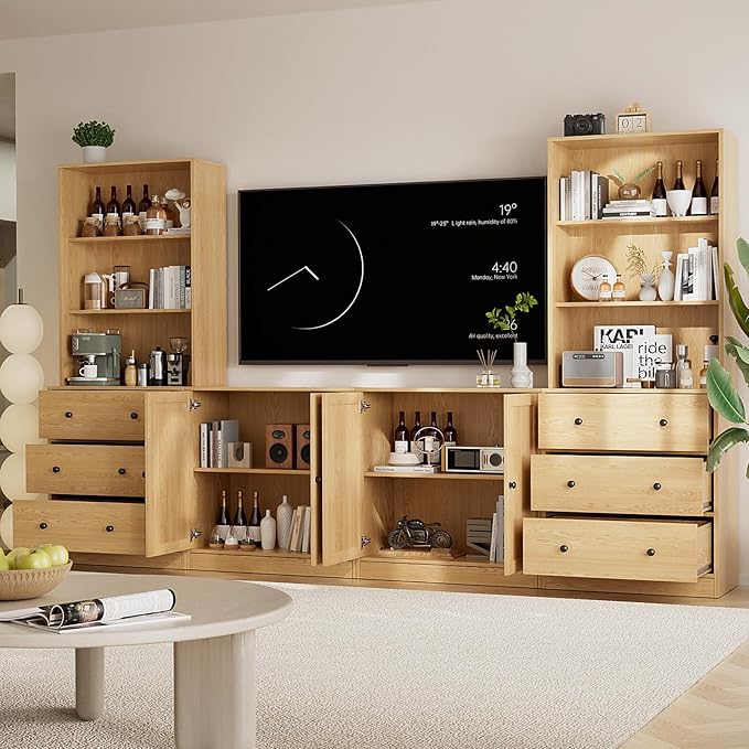 TUSY 71" Large TV Stand Set - TV Entertainment Center for TVs up to 65", Media Center with Tempered Glass Doors and Drawer, TV Hutch with Bookshelves for Living Room (Wood, BCCB)