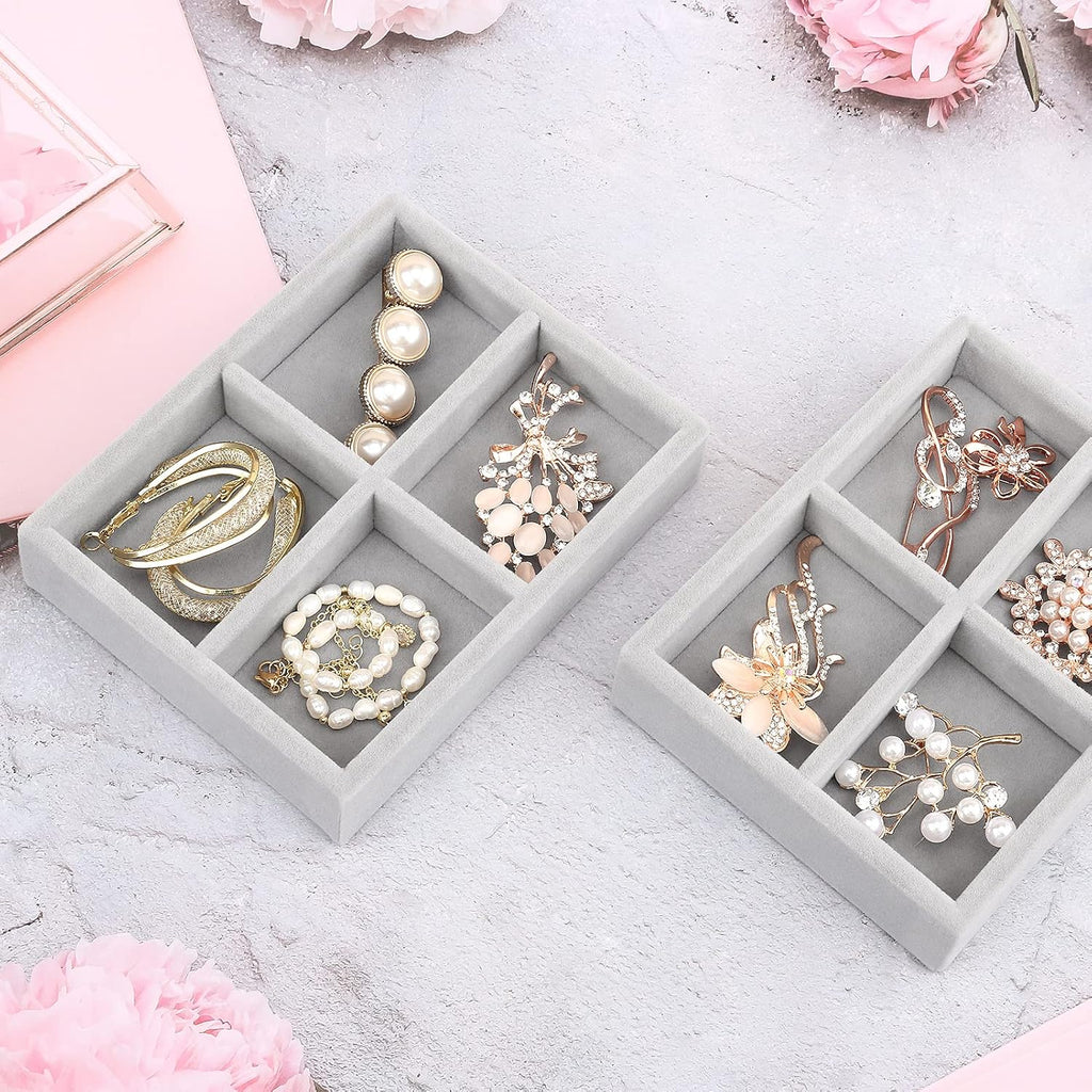DesignSter Small Jewelry Tray, 2PCS Ring Organizer, Velvet Jewelry Display Tray, Stackable Jewelry Organizer Trays, Jewelry Drawer Organizer Inserts For Dresser, Jewelry Box (Gray)