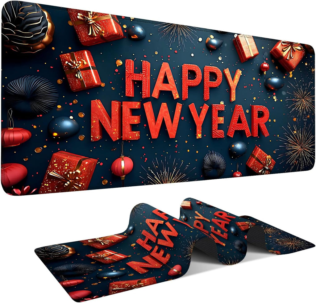 Happy New Year Gaming Mouse Pad 35.4"x15.7"Desk Mat Anti-Slip Rubber Base & Durable Stitched Edges for Gamers Smooth Mouse Writing Surface for Desk Office/Home