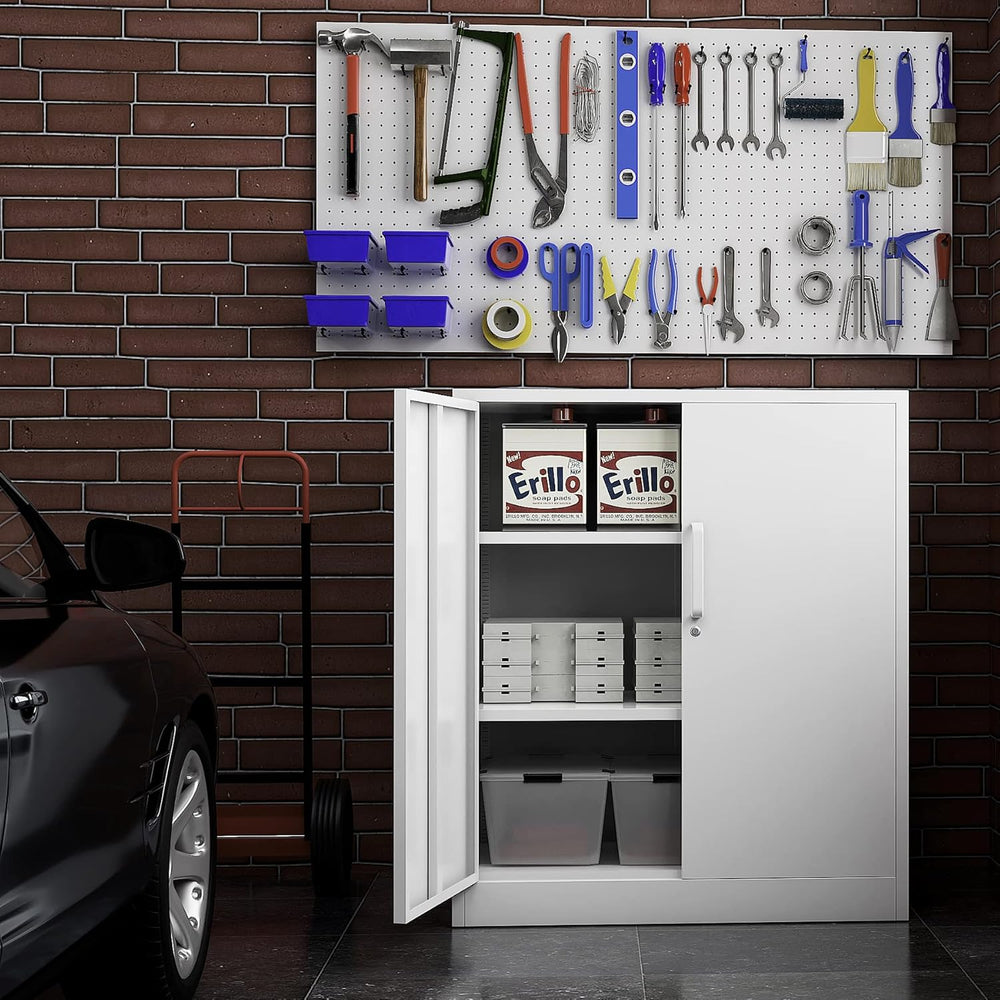 Metal Storage Cabinet, Lockable Steel Storage Cabinet with 2 Doors and Shelve...