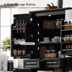 SOFTSEA Kitchen Pantry Cabinet with 6 Door Shelves and 2 Drawers, Farmhouse Embossed Texture Cupboard Cabinet with 3 Pull Out Organizers, Kitchen Hutch for Dining Room Living Room, Black