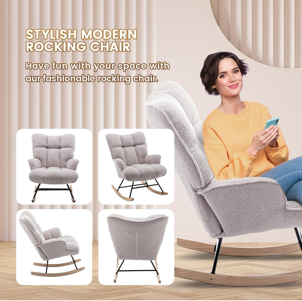 SAETSFEG Rocking Chair Nursery Teddy Upholstered Glider Rocker Rocking Accent Chair Padded Seat with High Backrest Armchair Comfy Side Chair for Living Room Bedroom Offices (Grey Teddy)