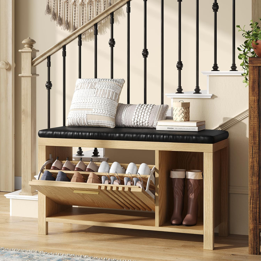 UNIQUITE 40" Shoe Storage Bench with Flip Drawers & Padded Seat Cush...