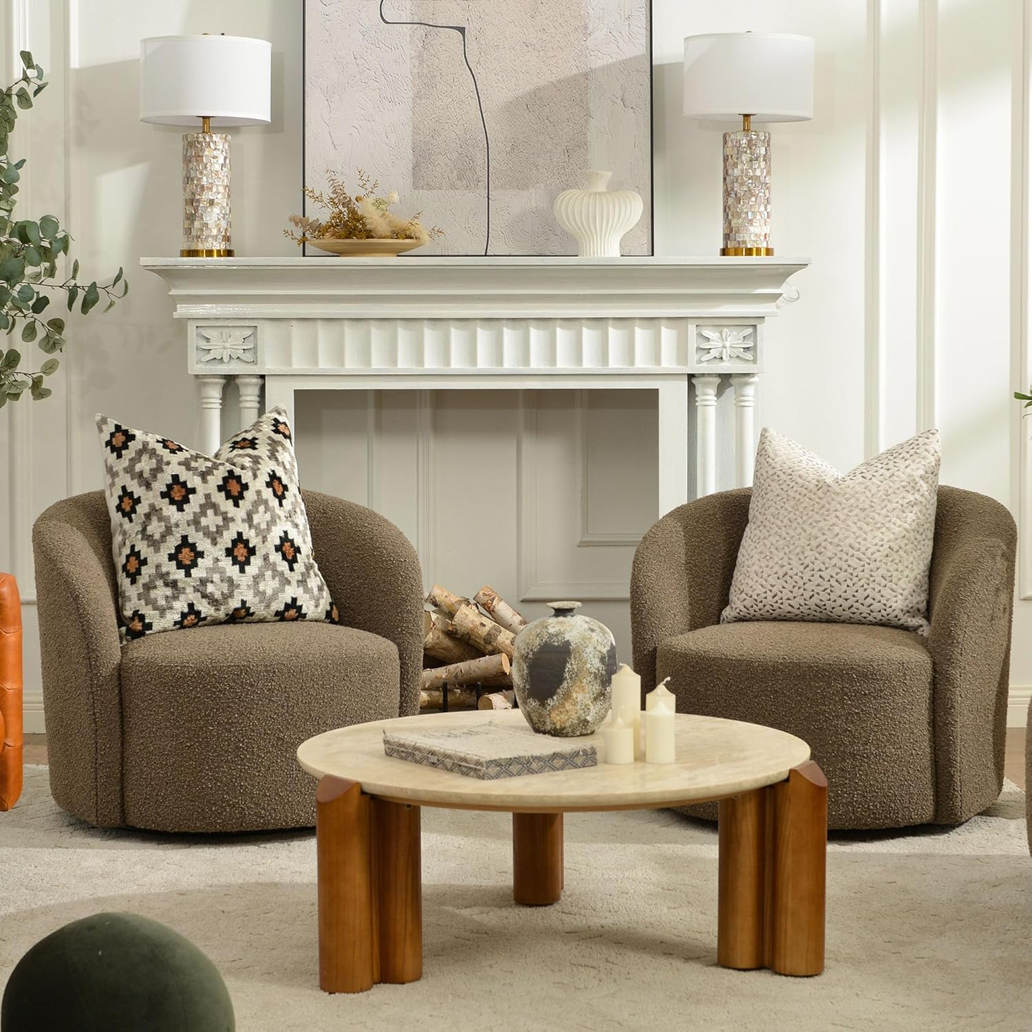KINWELL 34" W Swivel Barrel Chair Set of 2, Mid Century Modern Round Upholstered Boucle Swivel Accent Chairs, No Assembly Sofa Chair for Living Room Bedroom Reading, Teddy Brown