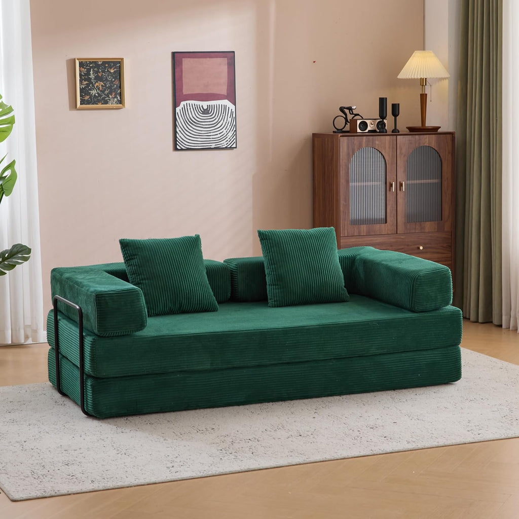 ZEIINPA Convertible Floor Sofa Bed with Fixed-Shape Frame, Modular Corduroy Folding Mattress Couch with Armrest, Floor Sofa Lounge Couch for Living Room Bedroom Lounge Studio,Emerald Green